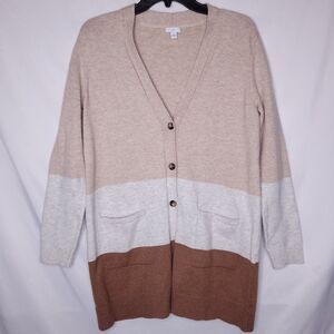 J Jill Cardigan Sweater Small Brown Tan Colorblock Long